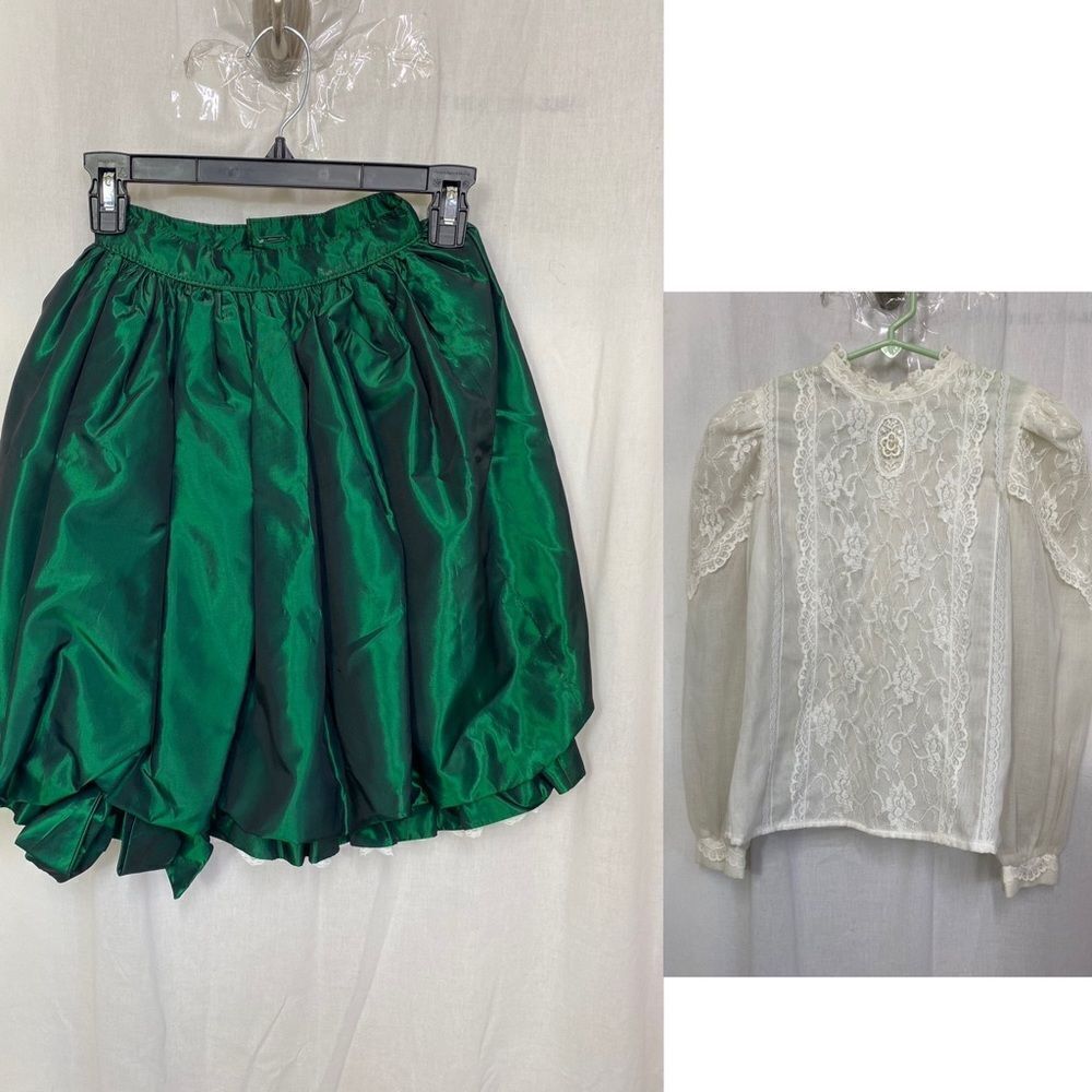 Vintage Dorissa Sport 2pc Set White Lace Top Green Satin Balloon Skirt Set 10